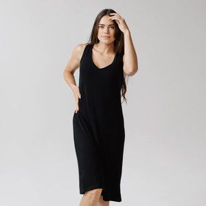COZY EARTH Rib-Knit Bamboo V-Neck Tank Lounge Dress in Black